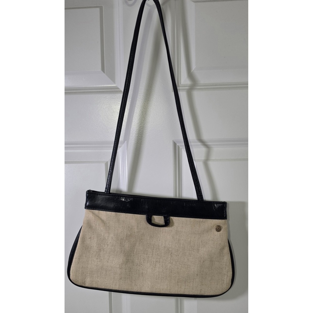 FT Firenze Shoulder Bag Beige Woven Black Trim Vintage Y2K Purse Handbag